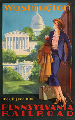 In this vintage travel poster by Edward Eggleston (1882–1941), a stylish young woman steps out of the passenger car to be greeted by the three branches of government—the U.S. Capitol, the Supreme Court, and the White House.